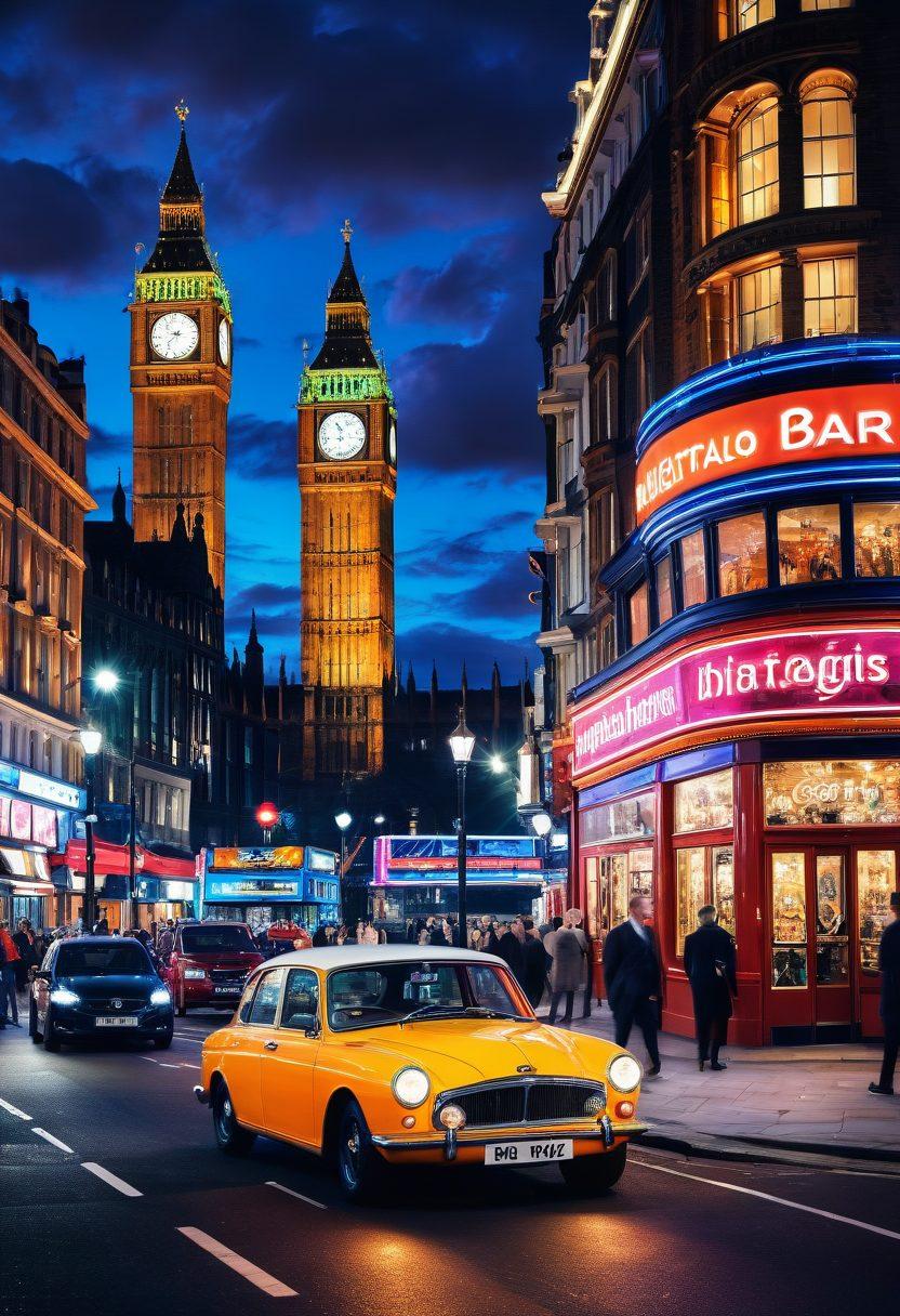 A vivid collage depicting London's adult attractions surrounded by elegant cultural gems. The scene includes a glamorous nightlife view with neon signs, iconic landmarks like Big Ben and the London Eye in the background, and a blend of diverse characters exploring the city. Incorporate elements that symbolize both adult entertainment and high society, such as a vintage theater and upscale cocktail bars. The color palette should be vibrant and engaging, capturing the lively spirit of London. super-realistic. vibrant colors. urban setting.