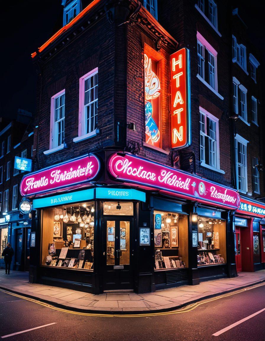A vibrant street scene in London showcasing an eclectic mix of boutique hotels and adult entertainment venues, adorned with playful, hentai-inspired murals. Neon signs illuminating the night with a blend of traditional British architecture and modern, whimsical elements. Characters from hentai art casually interacting in the backdrop, creating a lively atmosphere. Emphasize a whimsical yet sophisticated vibe with a touch of humor. neon art style. vibrant colors. dynamic composition.