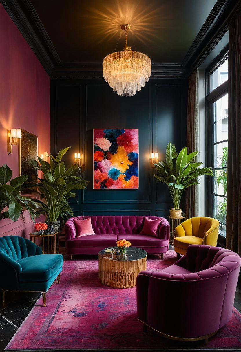 An elegant boutique hotel lobby featuring plush velvet furniture, dim lighting, and a chic bar with exotic cocktails. Adults casually enjoying themselves, showcasing a lively yet sophisticated atmosphere. Include lush indoor plants and modern art pieces in the background to enhance the luxurious feel. super-realistic. vibrant colors. warm lighting.